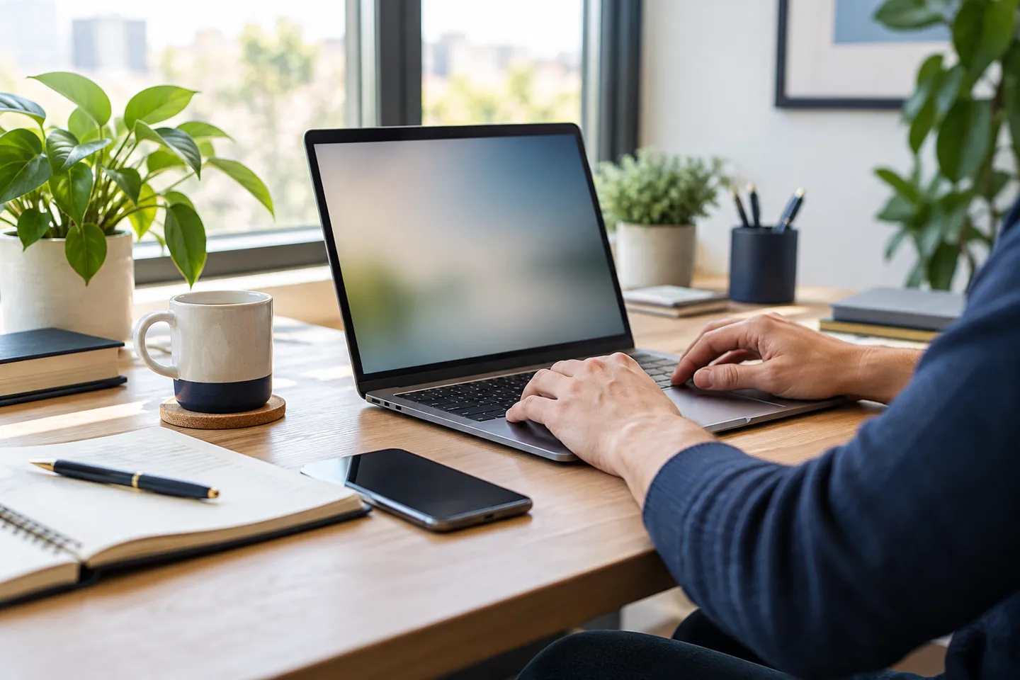 A bright workspace with a laptop and notebook.
