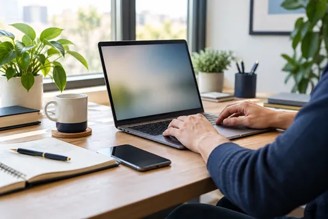 A bright workspace with a laptop and notebook.